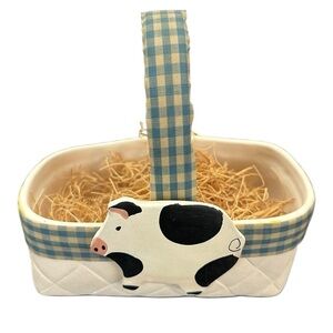 Vtg Country Baskets/Kiss Ceramic Prod Pig‎ Cow  Ceramic Basket Plaid Wood Trim